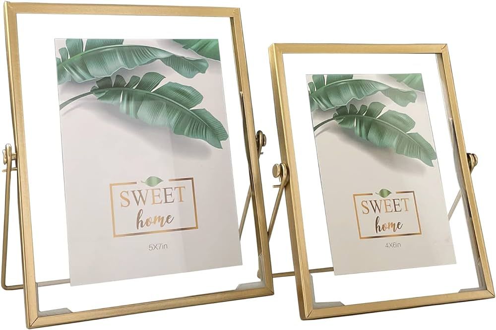 Set of 2 Glass Picture Frames Floating effect Gold Metal Geometric photo Frame with real Glass Co... | Amazon (US)