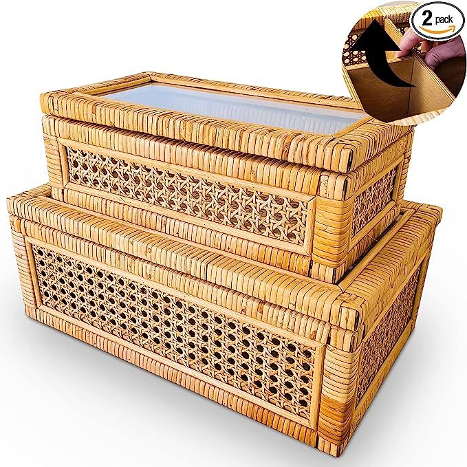 OTOKOHM Rattan Decorative Box With Lid & Removable Divider - Decorative Boxes For Home Decor - Bo... | Amazon (US)