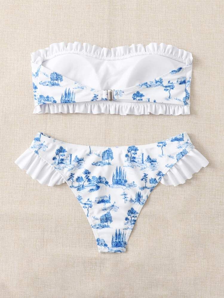 Random Print Frill Trim Bandeau Bikini Swimsuit | SHEIN