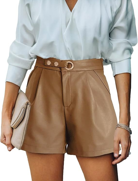 Uusollecy Women Casual Leather Shorts, Solid Hight Waist Shorts, Belt Short Pants with Pockets | Amazon (US)