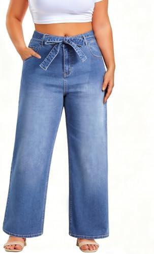 Eytino Plus Size Wide Leg Jeans for Women Elastic High Waist Stretchy Belted Denim Pants with Poc... | Amazon (US)