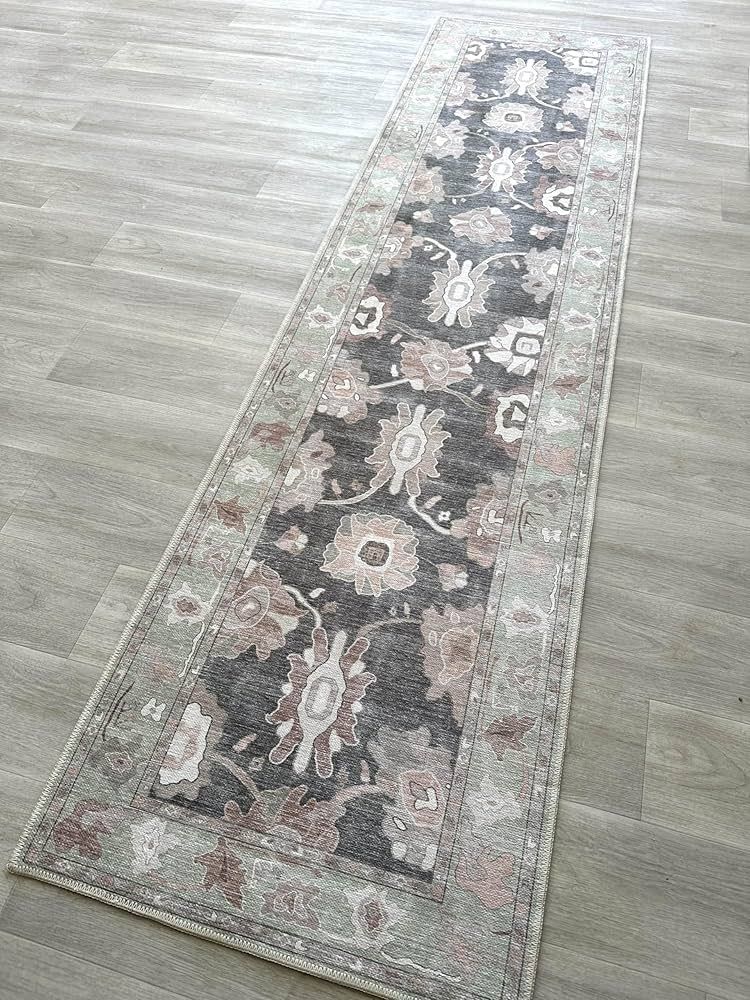 Green Oushak Runner Rug, Modern Runners, Vintage, Turkish, Eclectic, Floral, Pastel, Washable, Sm... | Amazon (US)