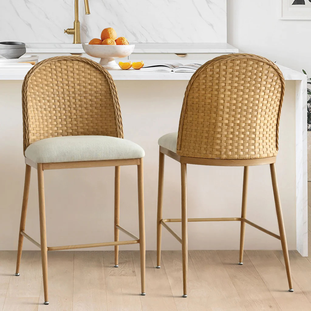 Barcelona 25.5" Beige Rattan Upholstered Counter Stool (Set of 2) | Pop Maison