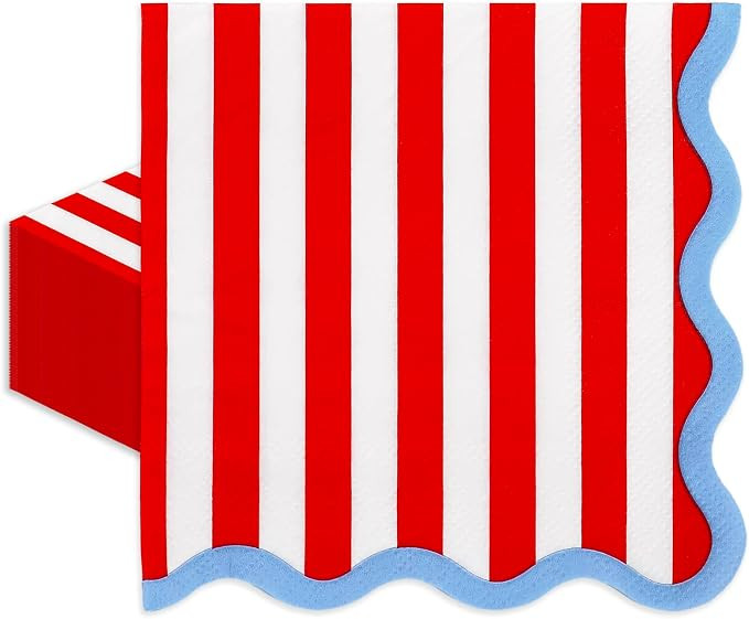 JarThenaAMCS 50 Pcs Scalloped Paper Cocktail Napkins Red White Stripe Blue Trim Disposable Bevera... | Amazon (US)