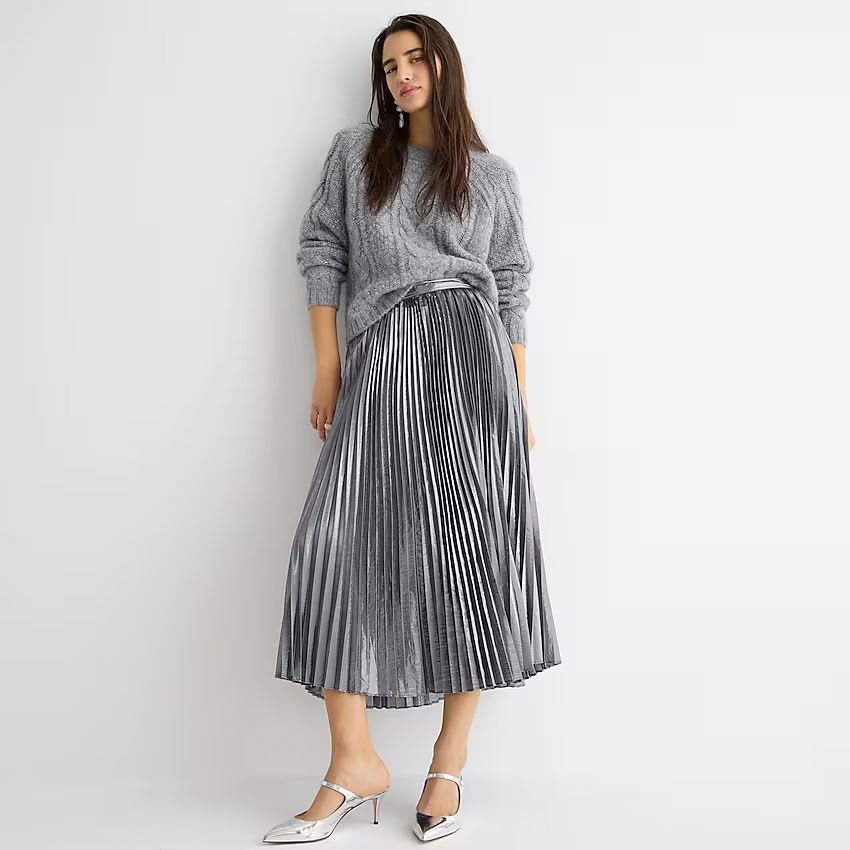 Pleated silver lamé midi skirt | J.Crew US