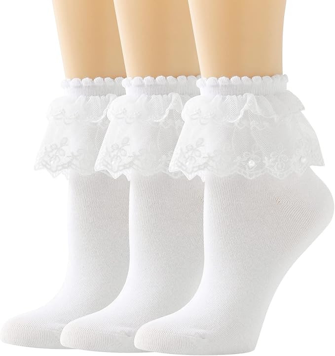 Lace Ruffle Frilly Ankle Socks for Women - Pearl Lace Socks | Amazon (US)