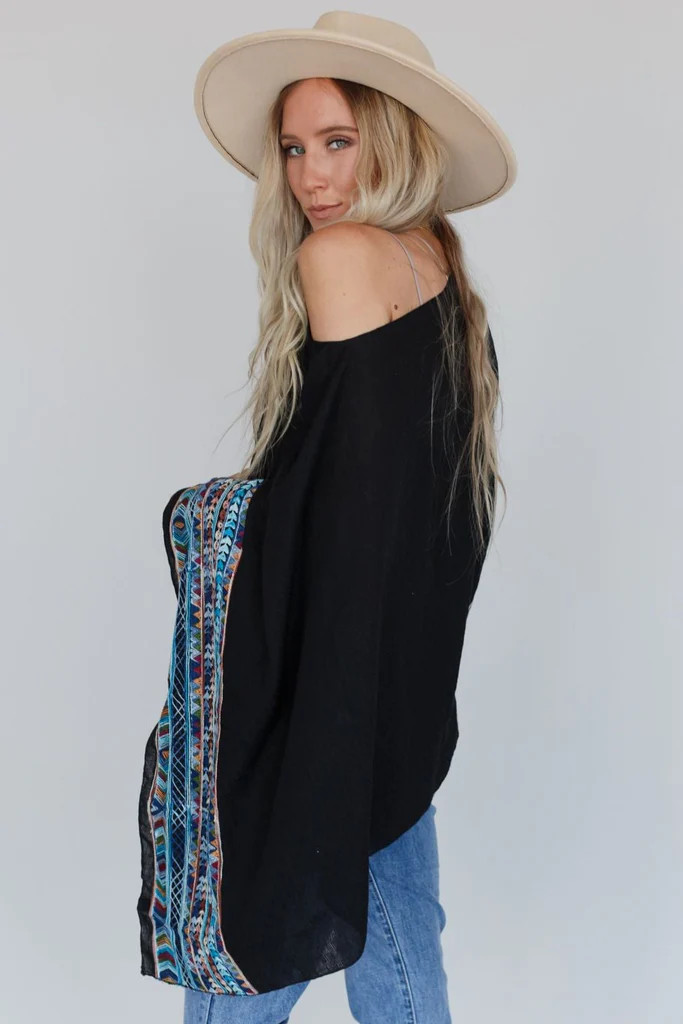 Fallon Embroidered Sleeve Poncho - Black | Three Bird Nest