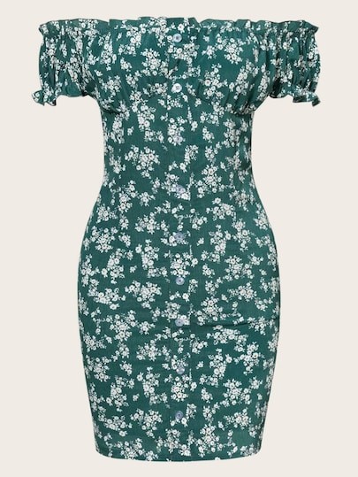 Off-shoulder Shirred Ditsy Floral Dress | SHEIN