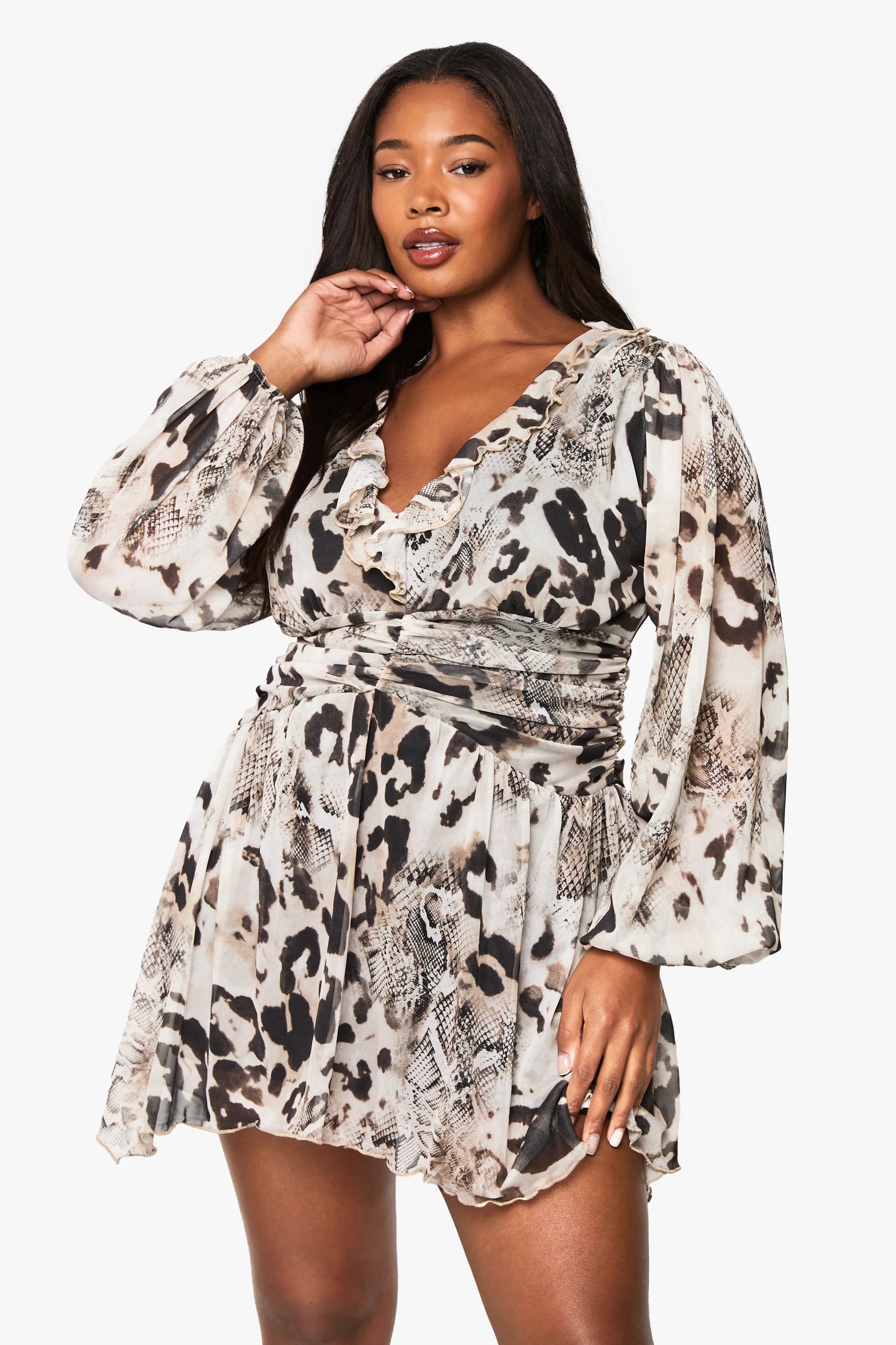 Plus Animal Print Mesh Ruffle Skater Dress | boohoo (US & Canada)