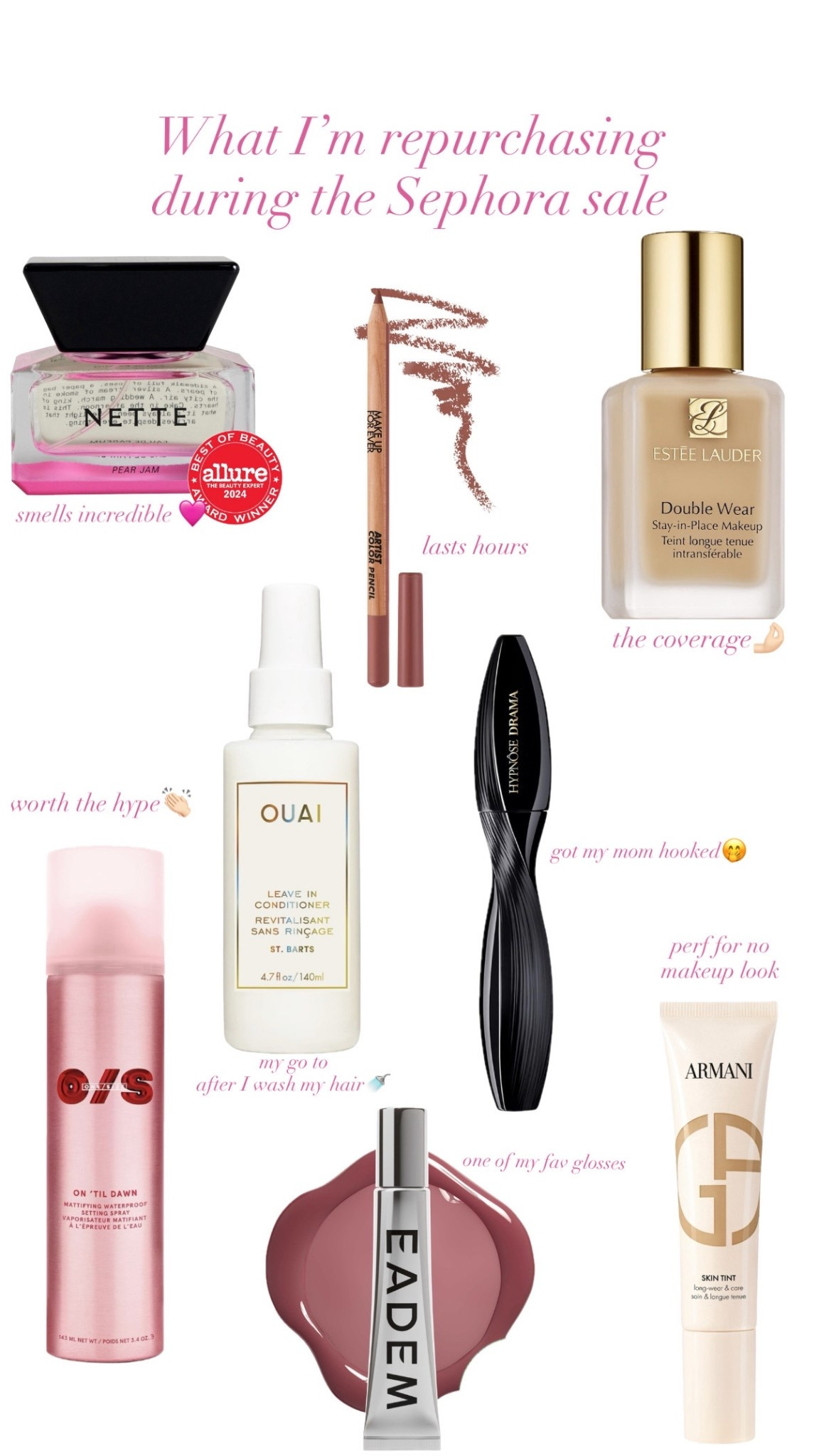 My beauty must haves!! Time to stock up and save during the Sephora sale ✨

Makeup,
Foundation,
Perfume, lip liner
Mascara, setting spray, leave in conditioner 

#LTKFindsUnder50 #LTKBeauty #LTKSaleAlert