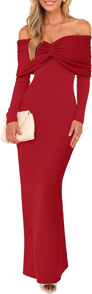 Caracilia Womens Off The Shoulder Bodycon Maxi Dress Fall Sexy Elegant Long Sleeve Ruched Club Pa... | Amazon (US)