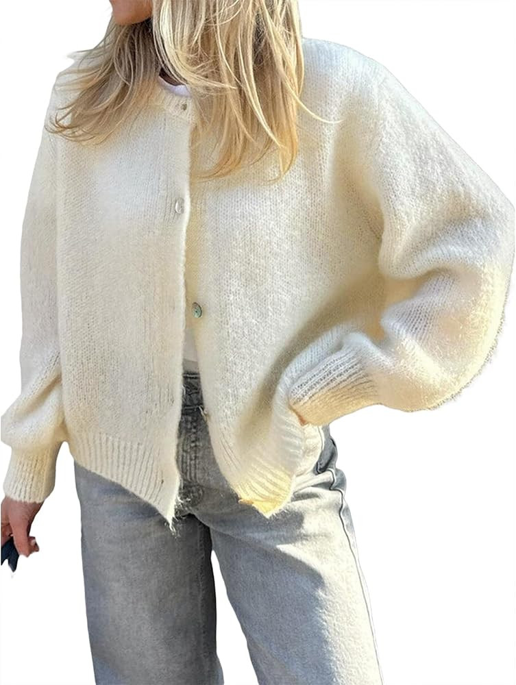 Lightweight Cardigan Sweater for Women Button Down Crewneck Knit Solid Pullover Tops Streetwear | Amazon (US)