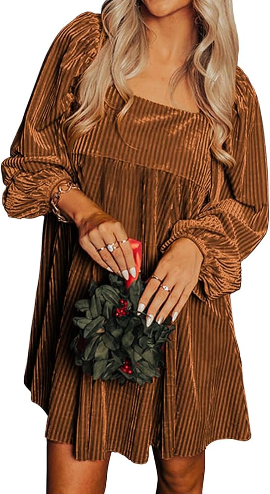 miduo Womens Loose Fit Square Neck Long Sleeve Velvet Mini Babydoll Dresses Shift Dress | Amazon (US)