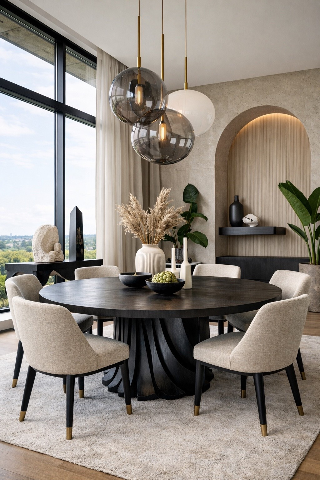 Sophisticated modern dining room featuring a black round dining table, soft upholstered dining chairs, and elegant smoked glass pendant lights. Warm neutral tones, minimalist decor, and architectural niches create a stylish contemporary interior inspired by modern European and luxury apartment design.

#modernDiningRoom #blackDiningTable #luxuryDiningRoom #modernInterior #neutraldecor #pinteresthome #ltkhome #interiorinspo #modernhome #contemporarydesign #diningroomdecor #designerhome #homedecorideas #minimalisthome #interiordesign