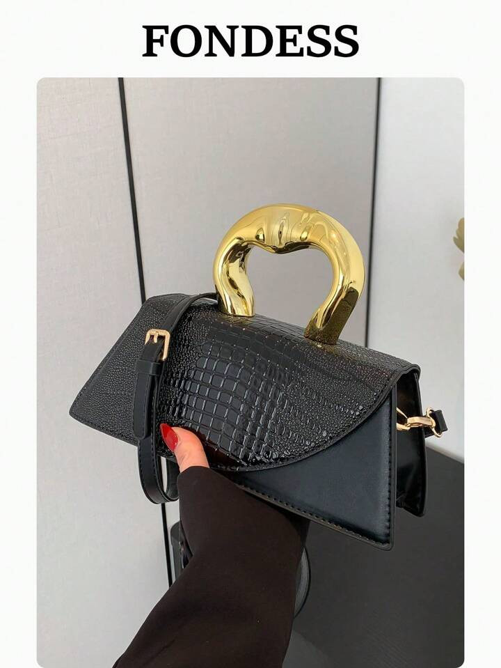 1pc Black Fashionable Crocodile Pattern Handbag, Shoulder & Crossbody Bag With Flap, Suitable For... | SHEIN