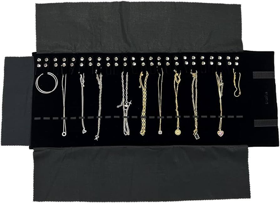 UnionPlus Velvet Travel Jewelry Roll Bag Organizer for Necklaces Bracelets, Extra Large Black wit... | Amazon (US)