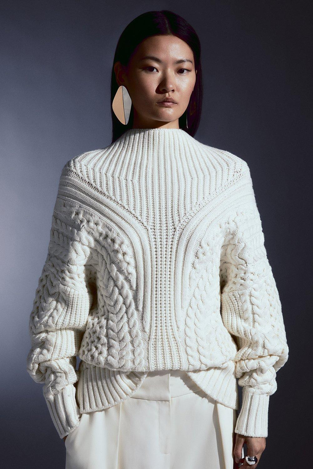 Cable Knit Balloon Sleeve Jumper | Karen Millen UK + IE + DE + NL