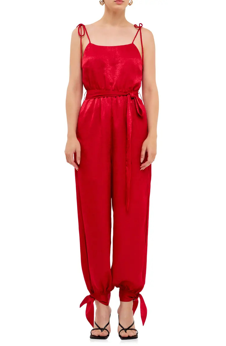 Tie Detail Slit Leg Satin Jumpsuit | Nordstrom