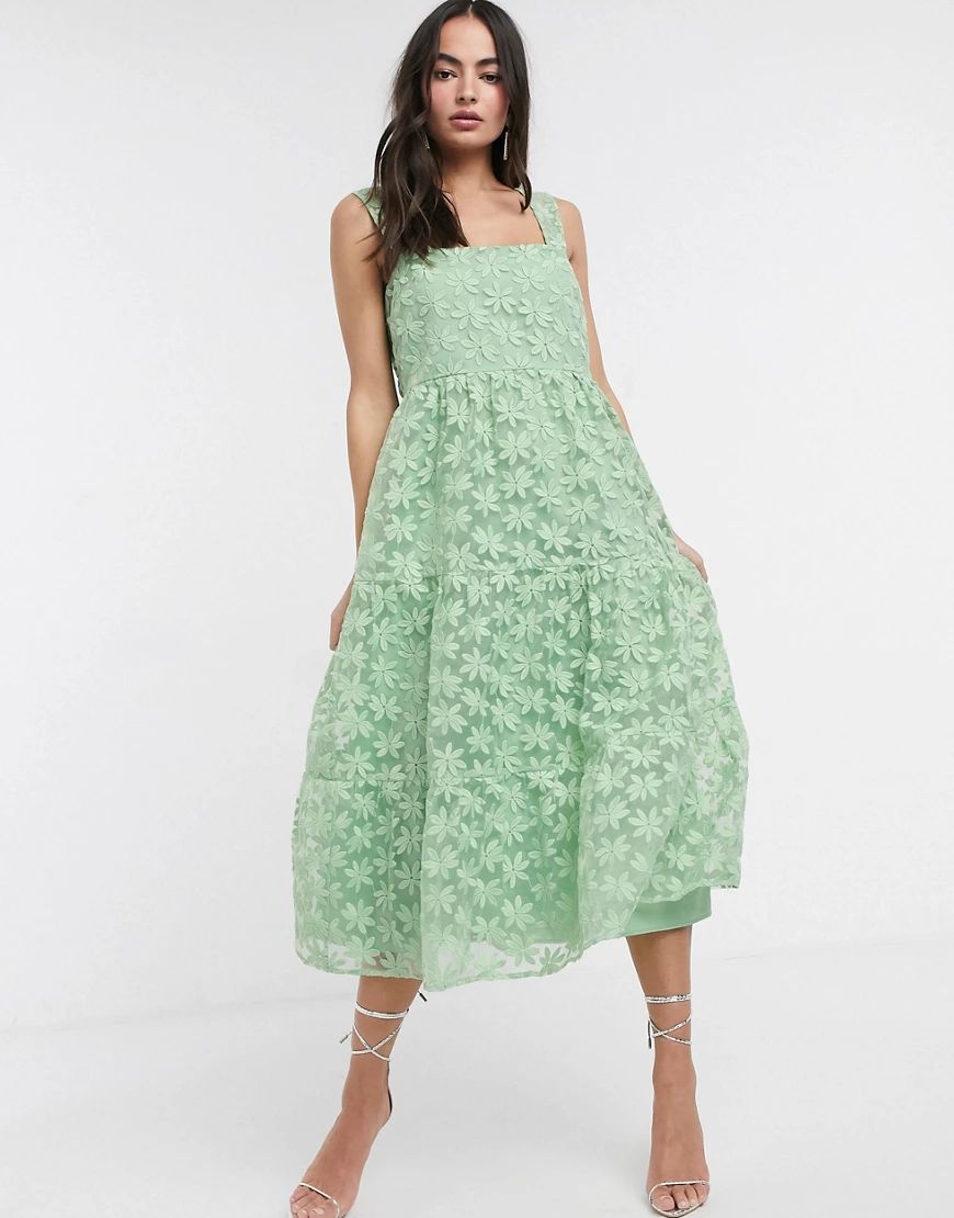 ASOS DESIGN lace cami midi prom dress with tie back in sage green | ASOS (Global)