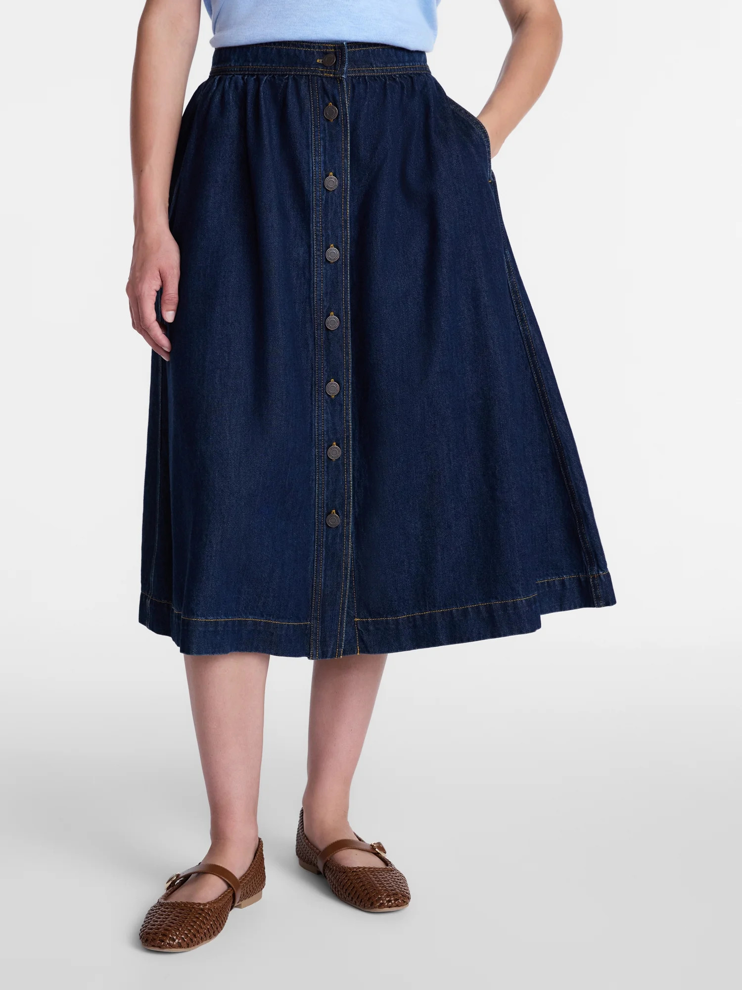 Time and Tru Women's Button Front Denim Midi Skirt, Sizes XS – XXXL - Walmart.com | Walmart (US)