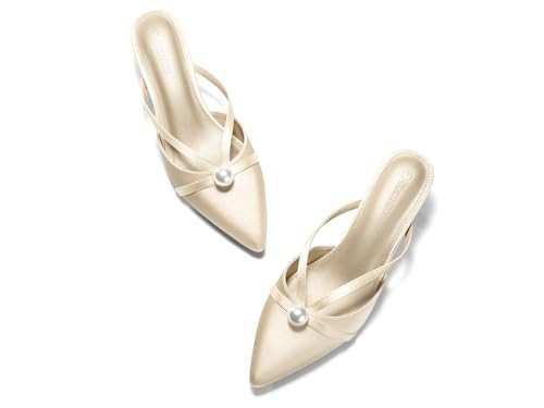 Coutgo Womens Pearl Kitten Heels Mules Closed Pointed Toe Sandals Satin Wedding Party Dress Shoes, Champagne Gold, Size 6.5 | Amazon (US)