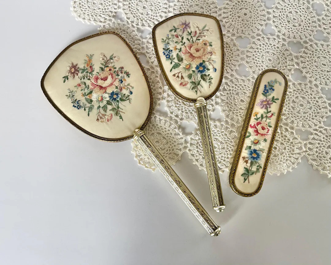 Vintage Dresser Set, Hand Mirror, Clothes Brush and Hairbrush, Floral Embroidery - Etsy | Etsy (US)