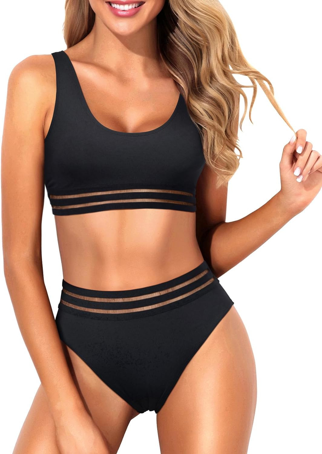 Tempt Me Women Two Piece Scoop Neck Bikini Crop Top High Cut Swimsuit Sporty High Waisted Bathing... | Amazon (US)