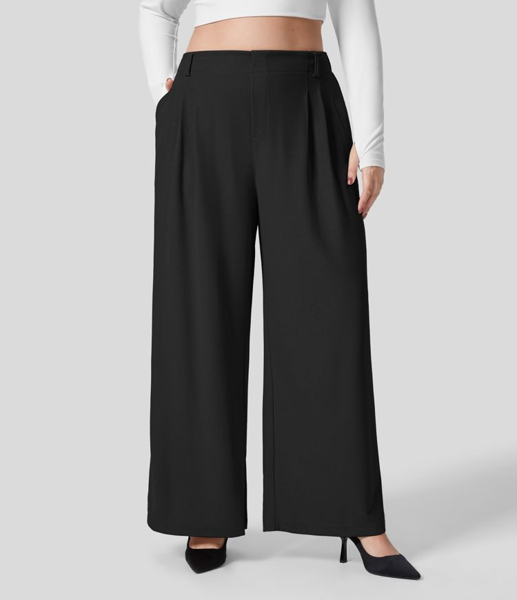 High Waisted Plicated Side Pocket Wide Leg Waffle Work Plus Size Pants | HALARA