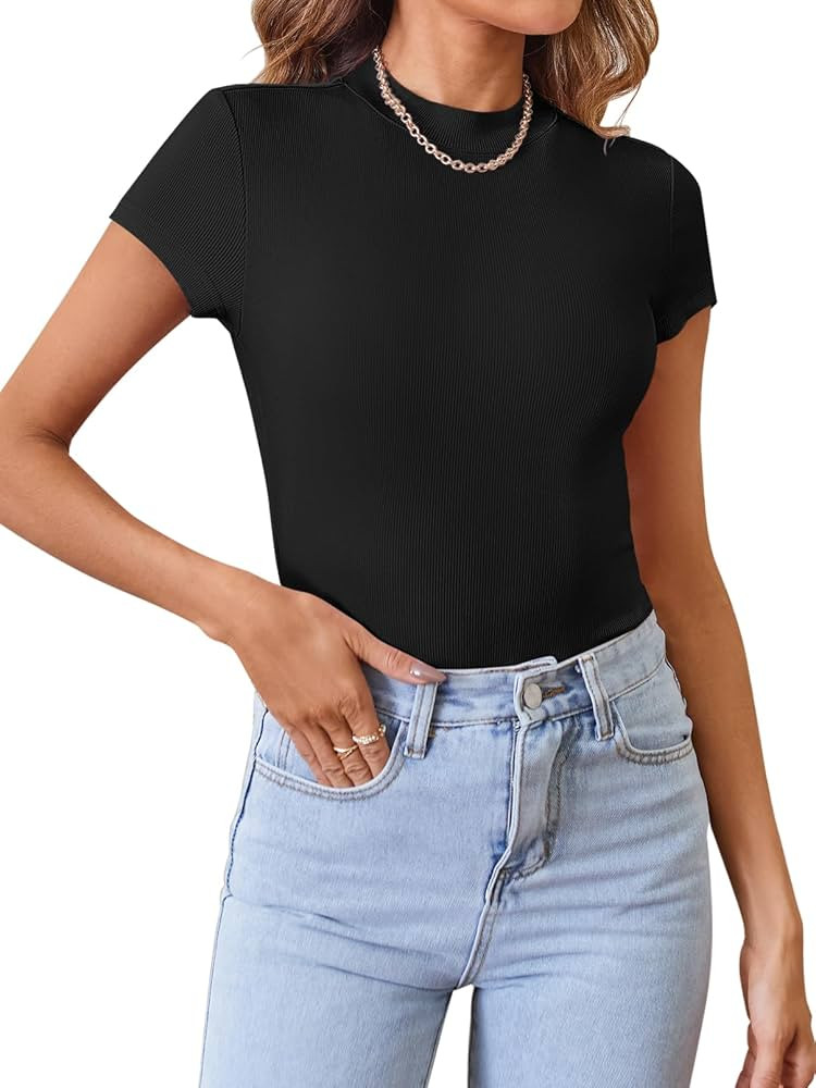 MEROKEETY Women's Short Sleeve Crewneck Ribbed Knit Tops Summer Casual Slim Fit Basic Tee Shirts | Amazon (US)