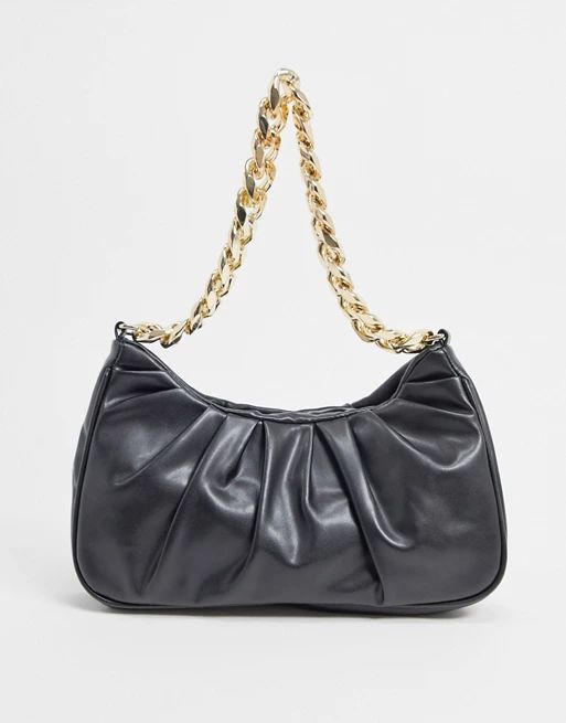 ASOS DESIGN ruched shoulder bag in black with chunky gold chain | ASOS (Global)