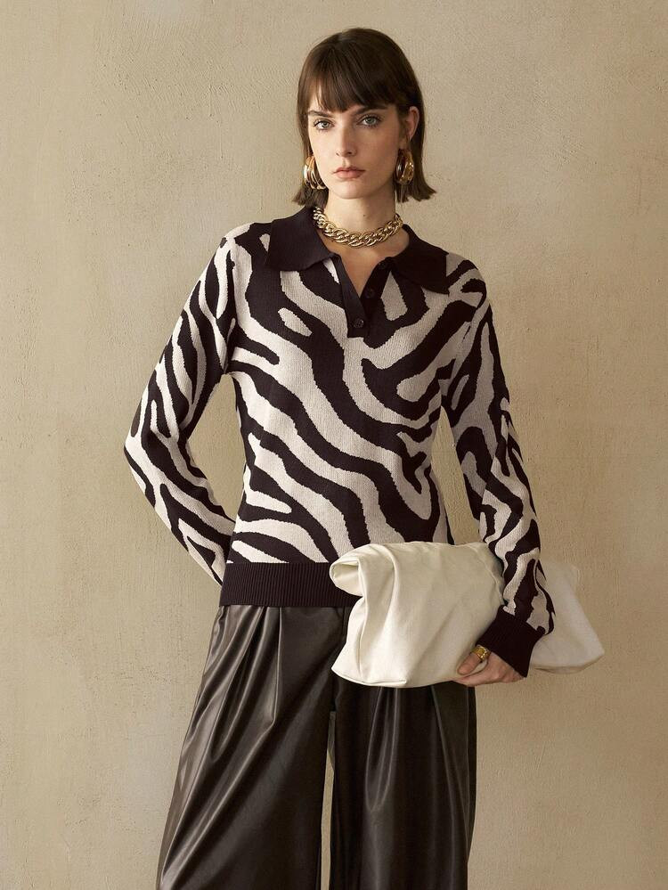 Arave Women's Fitted Waist, Turn-Down Collar, Button-Down Zebra Print Design, Casual Long-Sleeved Pullover Sweater, Winter Clothes For Women. | SHEIN