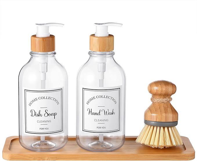 4 Pieces Kitchen Soap Dispenser Set 16 oz Dish Soap Dispenser with Bamboo Pump Soap Tray and Dish Br | Amazon (US)