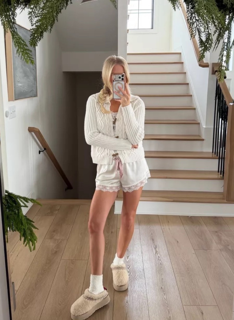 Outfit on sale!! Wearing a medium in sweater, small in sleep shorts, shoes are true to size. Linking similar tops underneath my sweater, socks, & Uggs
#kathleenpost

Cozy sets, loungewear, sleep set, pajamas, pjs, satin sleep set

#LTKHoliday #LTKmorningroutine #LTKSeasonal