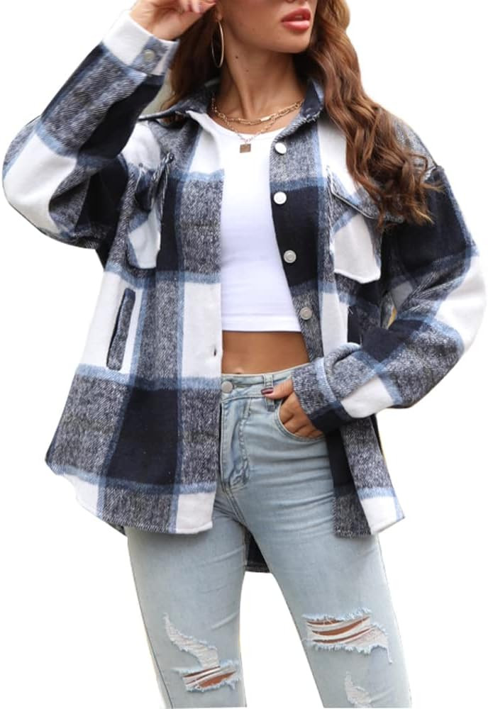 Womens Casual Flannel Wool Blend Plaid Lapel Button Down Long Sleeve Shacket Jacket Coat Winter L... | Amazon (US)