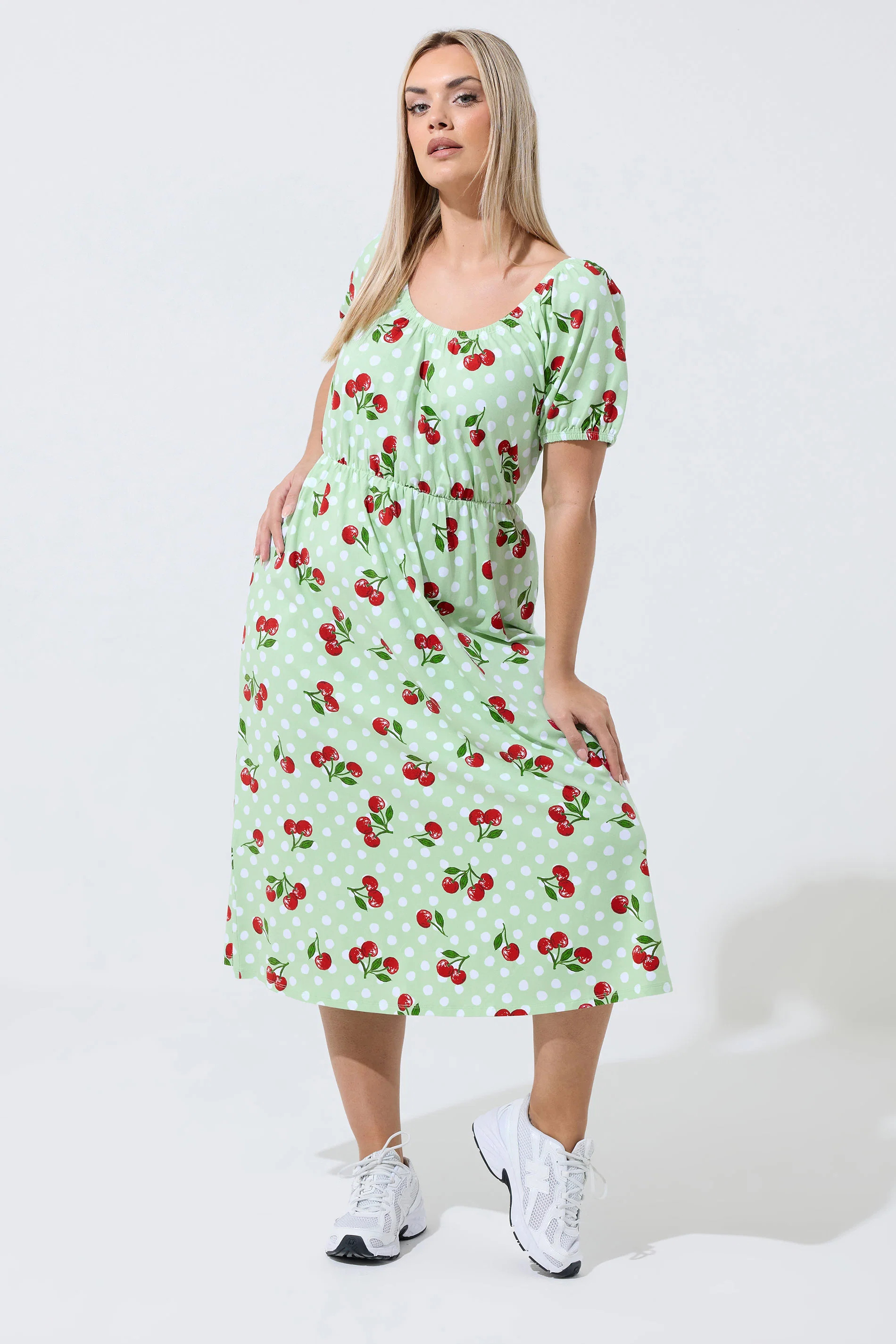LIMITED COLLECTION Plus Size Green Cherry Gingham Bardot Dress | Yours Clothing UK