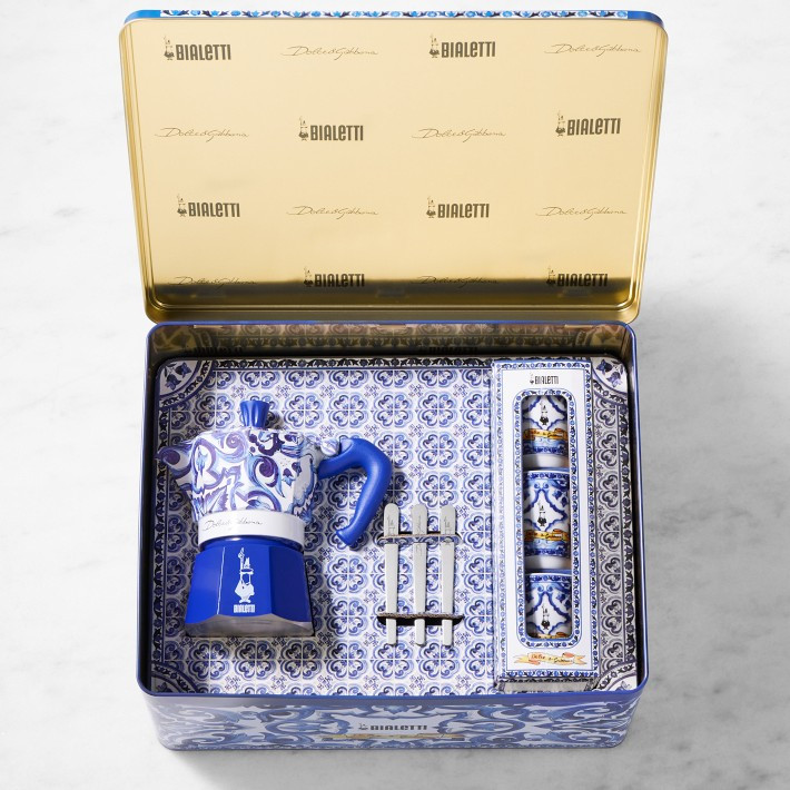 Bialetti Moka Dolce & Gabbana 3-Cup + 3 Espresso Cups & Stirrers Gift Set, Blu Mediterraneo