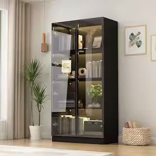 FUFU&GAGA Black Wood Display Cabinet With Tempered Glass Doors and 3-Color LED Lights KF020275-01... | The Home Depot