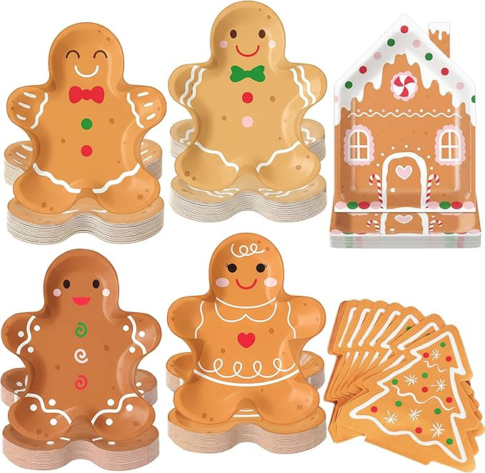 OuMuaMua 75Pcs Christmas Gingerbread Paper Plates, Gingerbread Man House Shape Disposable Plate D... | Amazon (US)