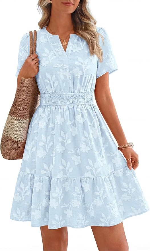 PRETTYGARDEN Womens 2026 Summer Mini Dress with Pockets Floral Short Sleeve V Neck Elastic Waist ... | Amazon (US)