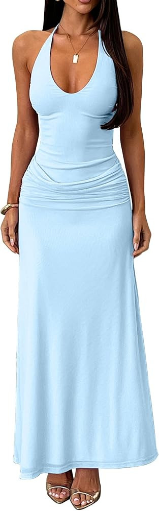 Kaximil Women's Sexy Halter Formal Wedding Guest Maxi Dress | Amazon (US)