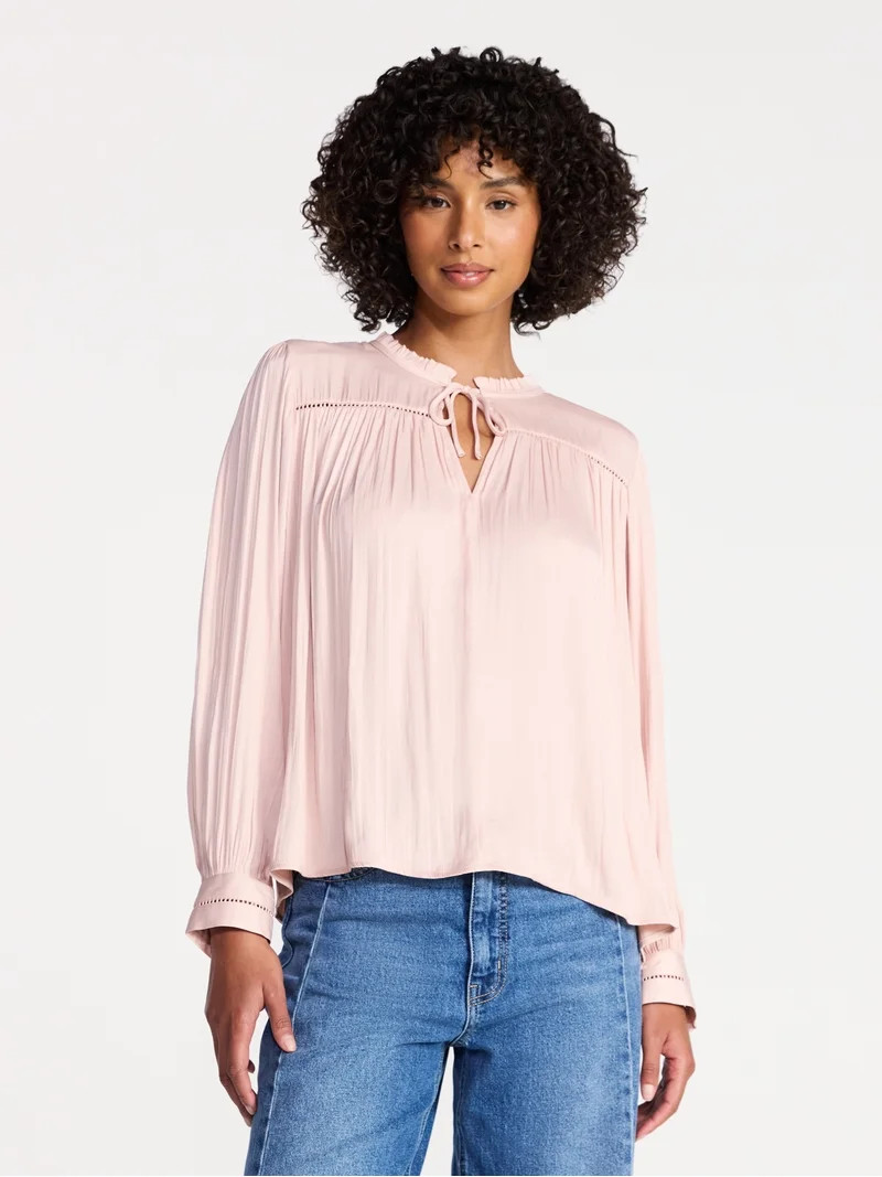 Time and Tru Women's Soft Ruched Yoke Blouse with Long Sleeves, Sizes XS-XXXL | Walmart (US)
