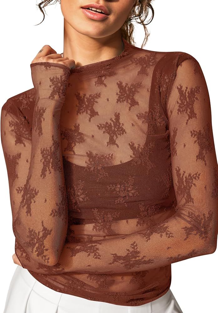 KTILG Womens Mesh Long Sleeve Top Embroidery Floral Sheer Blouse Sexy See Through Shirt Lace Tops... | Amazon (US)