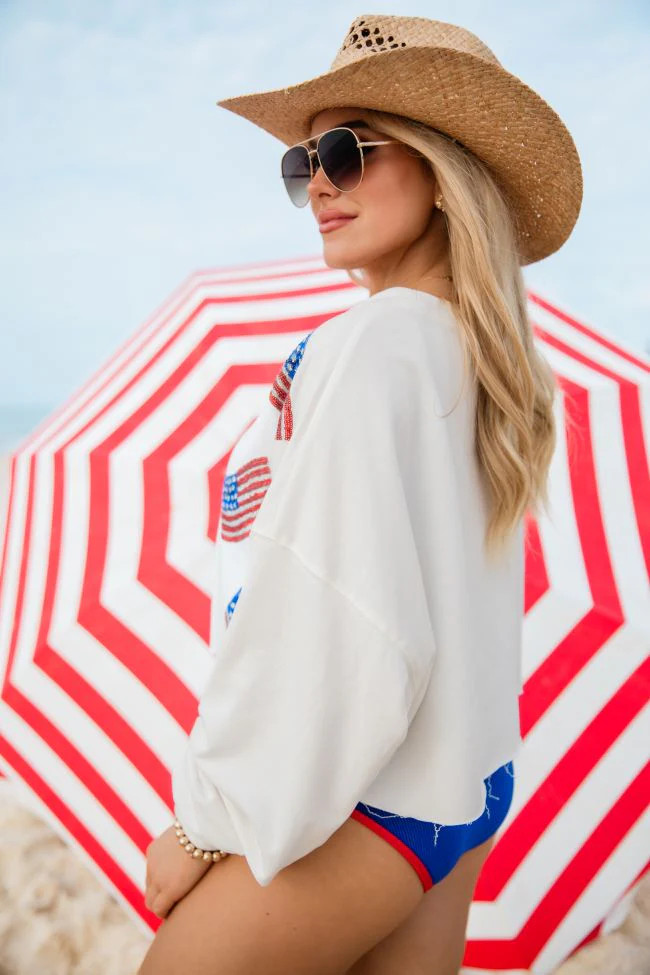 Freedom Forever Ivory Flag Patch Cropped Pullover | Pink Lily