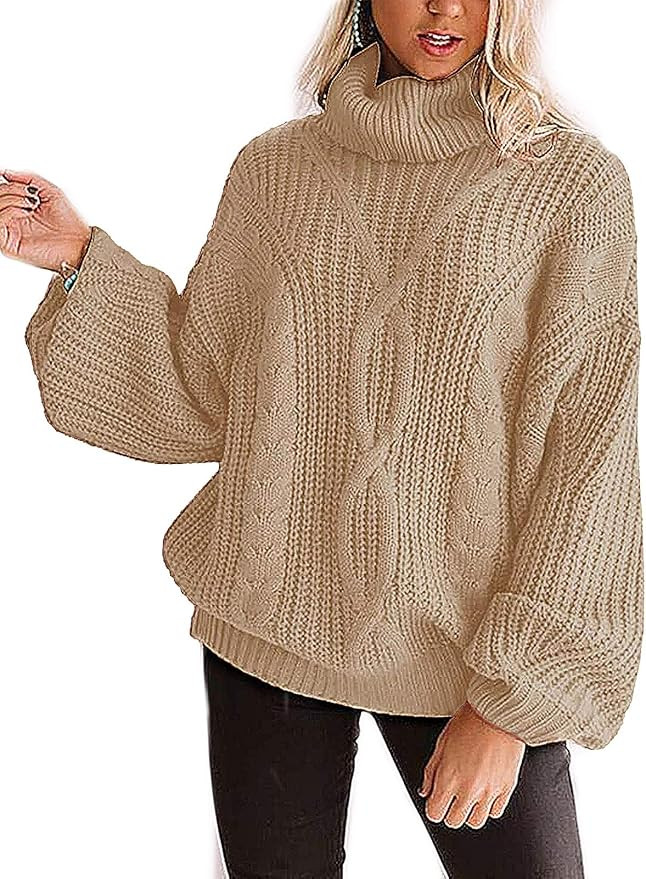 YUOIOYU Women's Long Sleeve Turtleneck Sweater Chunky Cable Knit Oversized Pullover Jumper Tops | Amazon (US)