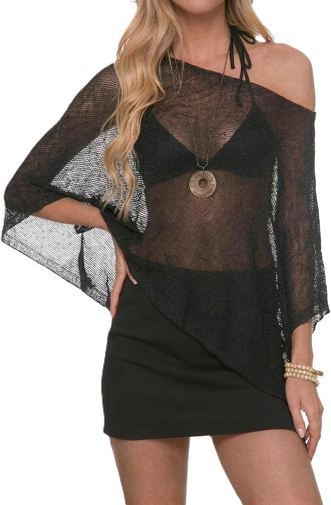 Women Sheer Knit Poncho Top Crochet Beach Cover Up | Amazon (US)