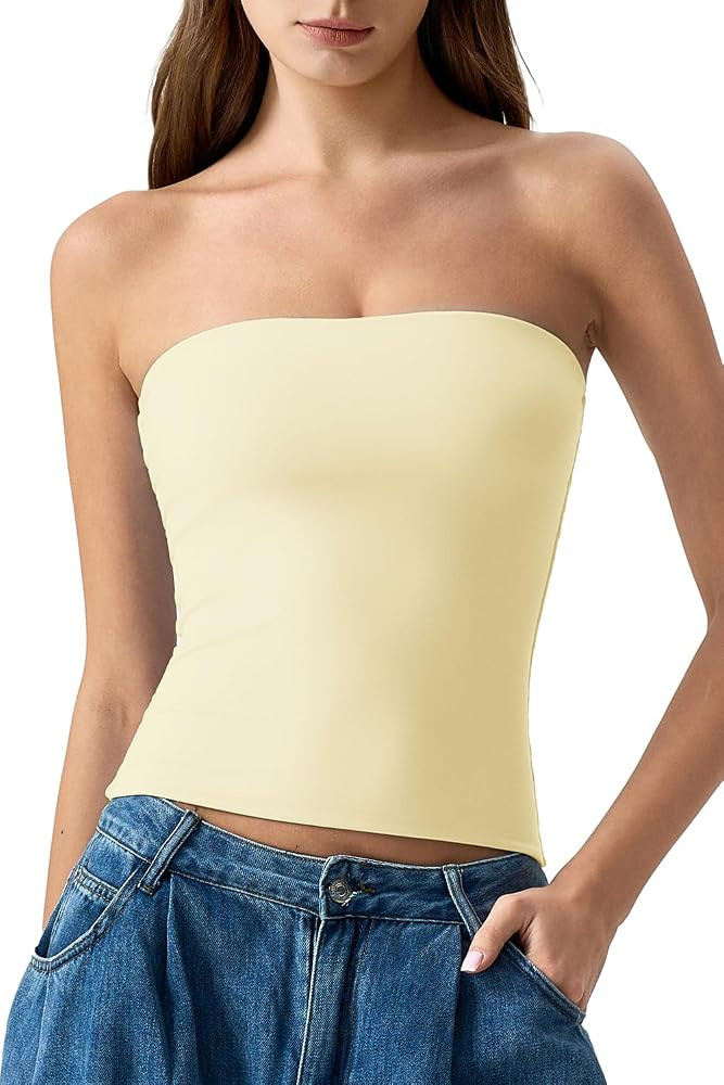QINSEN Women's Tube Top Double Lined Strapless Bandeau Top Summer Slim Fit Going Out Tank Tops | Amazon (US)