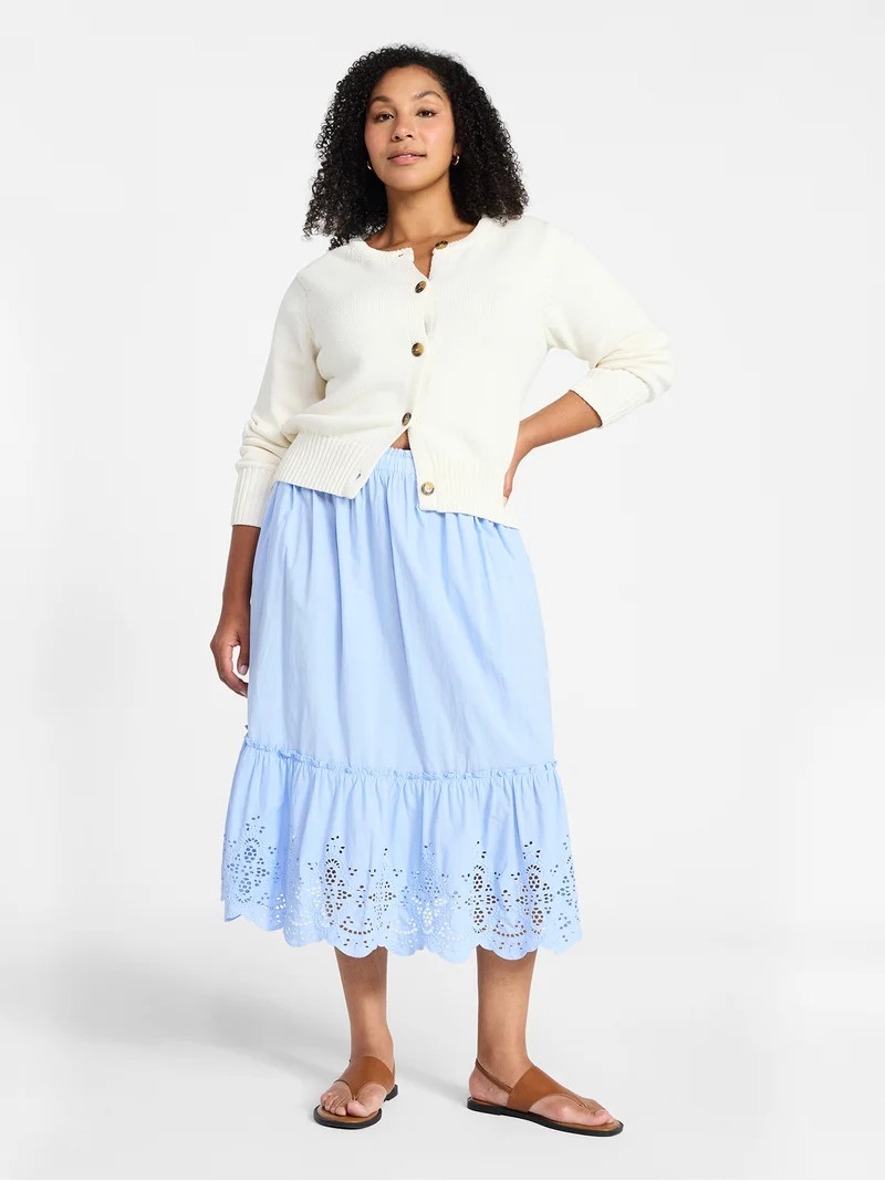 Time and Tru Women's Cotton Eyelet Hem Midi Skirt, Sizes XS-XXXL | Walmart (US)