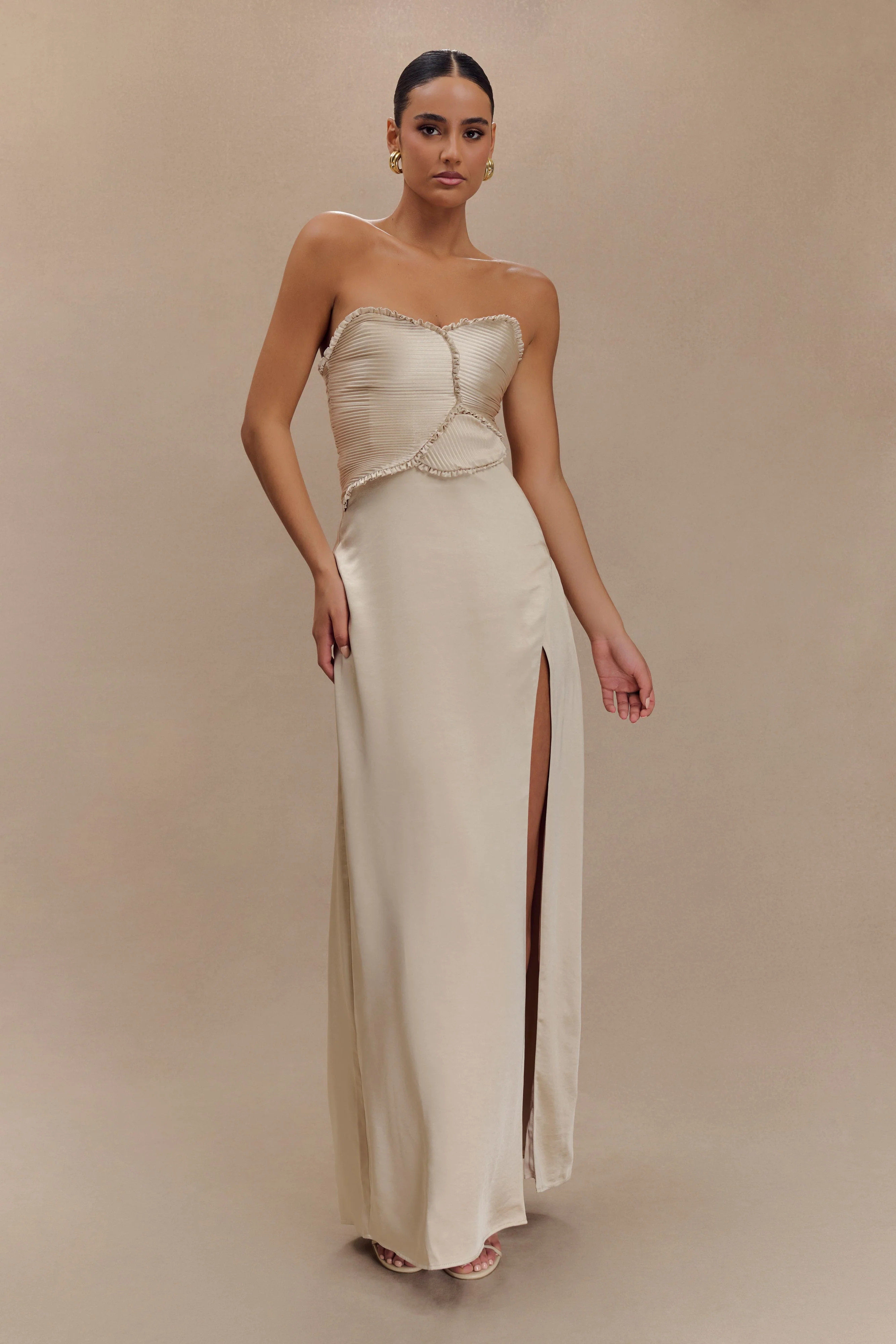 Larissa Satin Maxi Dress With Ruched Petals - Blush Gold | MESHKI US