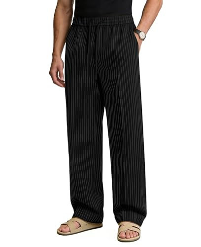 Susclude Baggy Pinstripe Pants Men Wide Leg Pleated Pants Stylish Casual Slacks Lightweight Street Beach Trousers Black | Amazon (US)