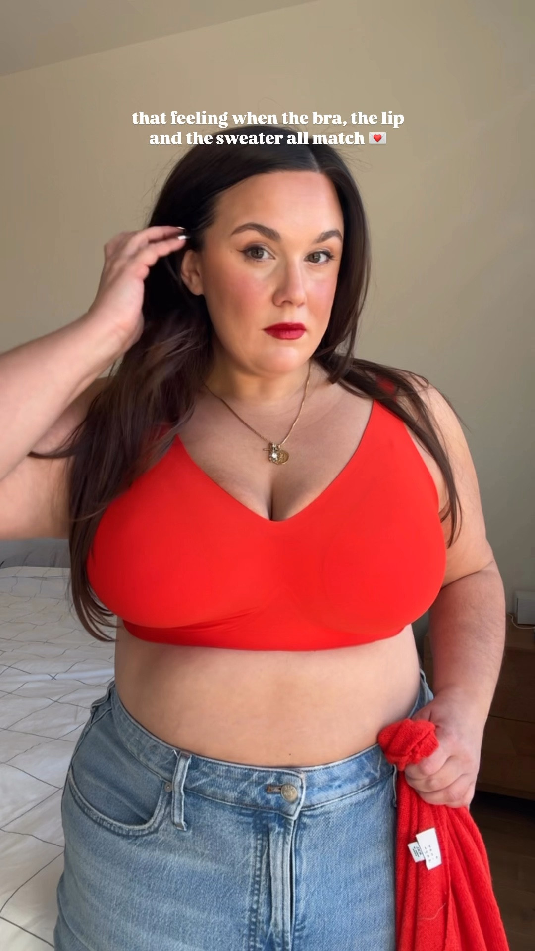 Valentine’s Day or Galentine’s Day outfit ideas, cozy sweater, red sweater, red lip, red bra, wireless bra, plus size bra 

#LTKFindsUnder50 #LTKSeasonal #LTKPlusSize